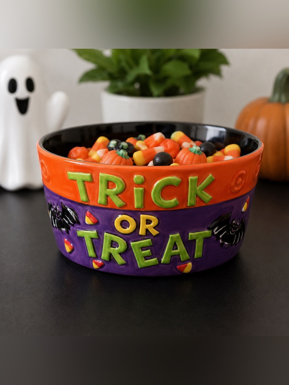 Halloween Trick or Treat Ceramic Candy Bowl Bats Candy Corn